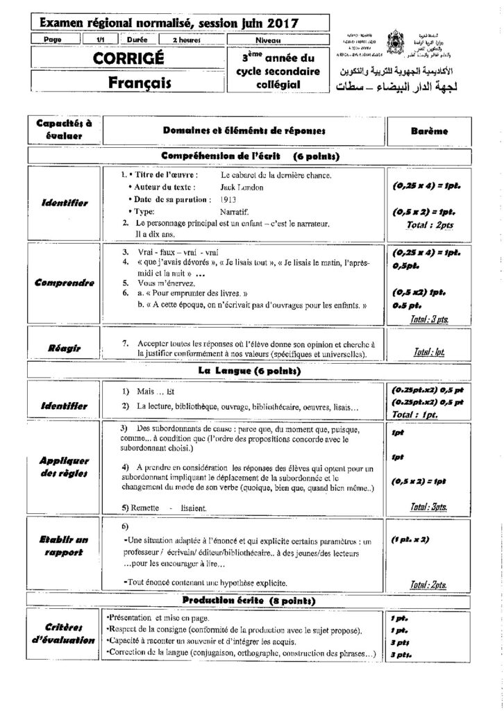 Examens régionaux corrigés Français 3AC Dyrassa