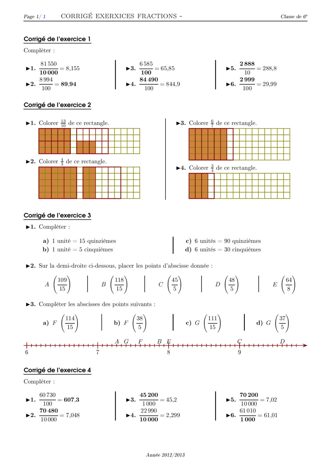 Nombres en écriture fractionnaire 6ème exercices corrigés Dyrassa