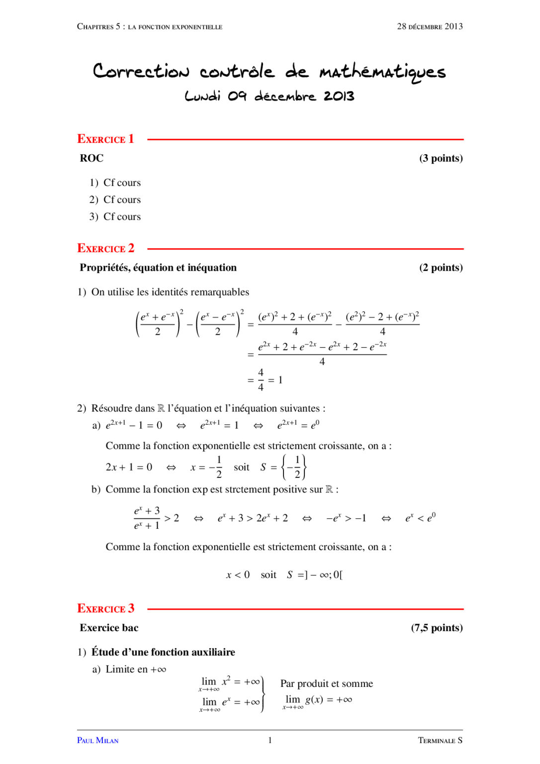 La Fonction Exponentielle Maths Terminale S Exercices Corrig S Dyrassa