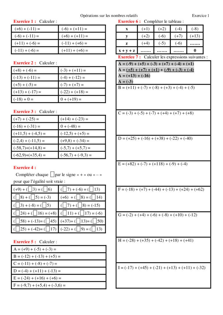 Nombres Relatifs Me Exercices Corrig S Dyrassa