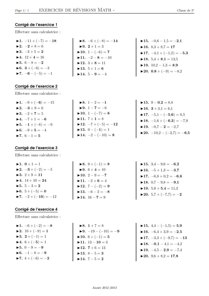 Nombres Relatifs Me Exercices Corrig S Dyrassa