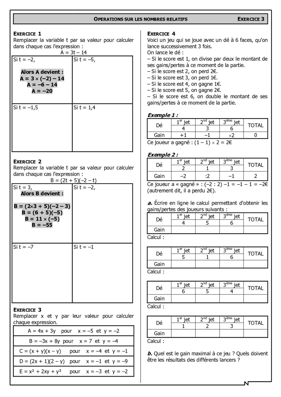 Op Rations Sur Les Nombres Relatifs Me Exercices Corrig S Dyrassa