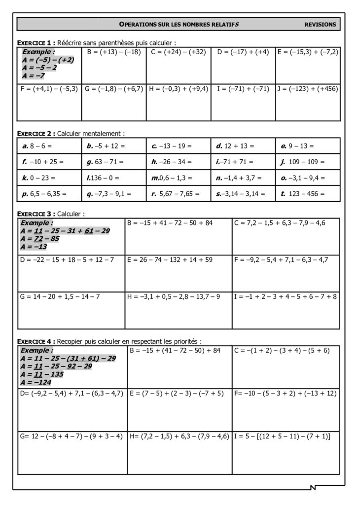 Op Rations Sur Les Nombres Relatifs Me Exercices Corrig S Dyrassa