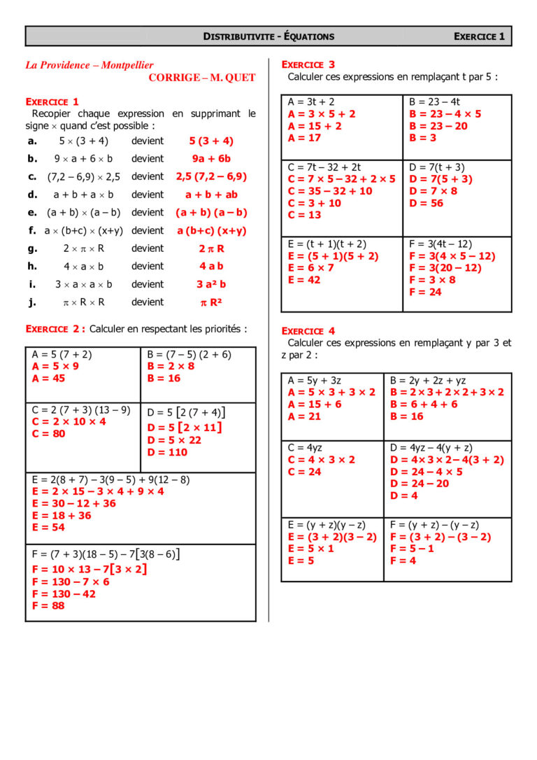 Calcul littéral et distributivité 5ème exercices corrigés Dyrassa