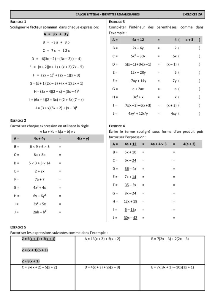 Calcul litteral 3eme et identités remarquables exercices corrigés Dyrassa