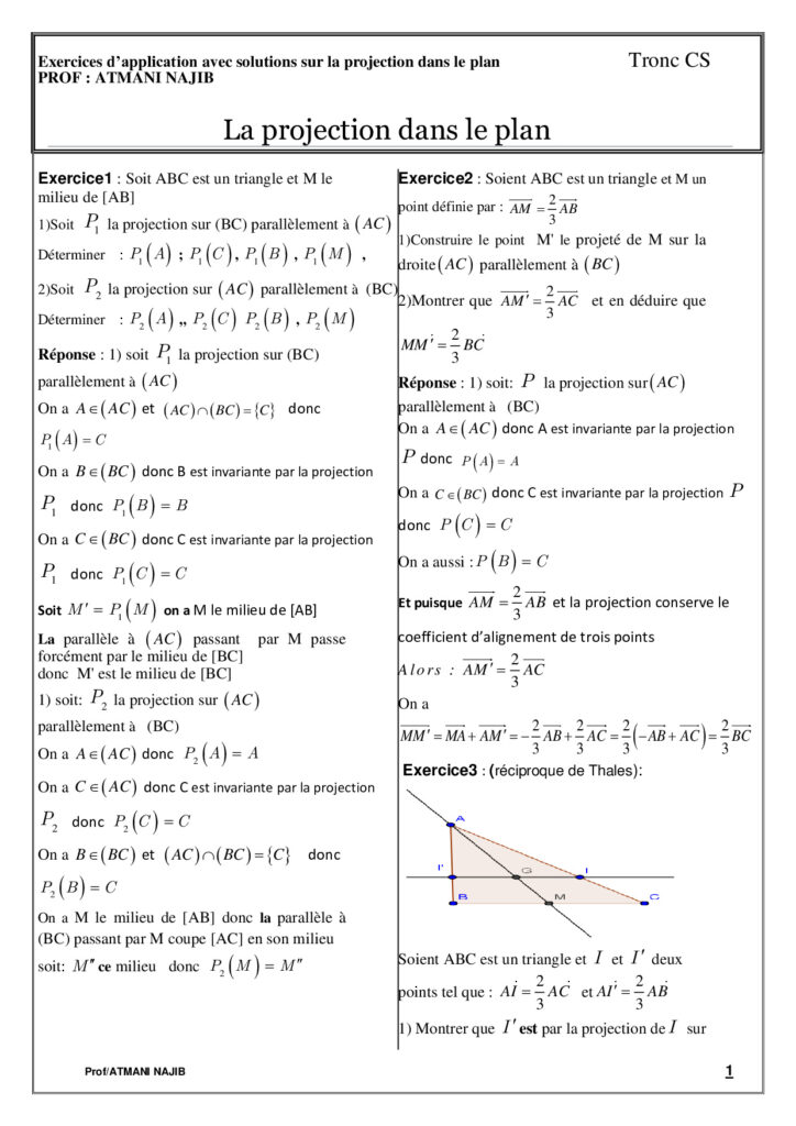 La projection dans le plan exercices corrigés tronc commun BIOF
