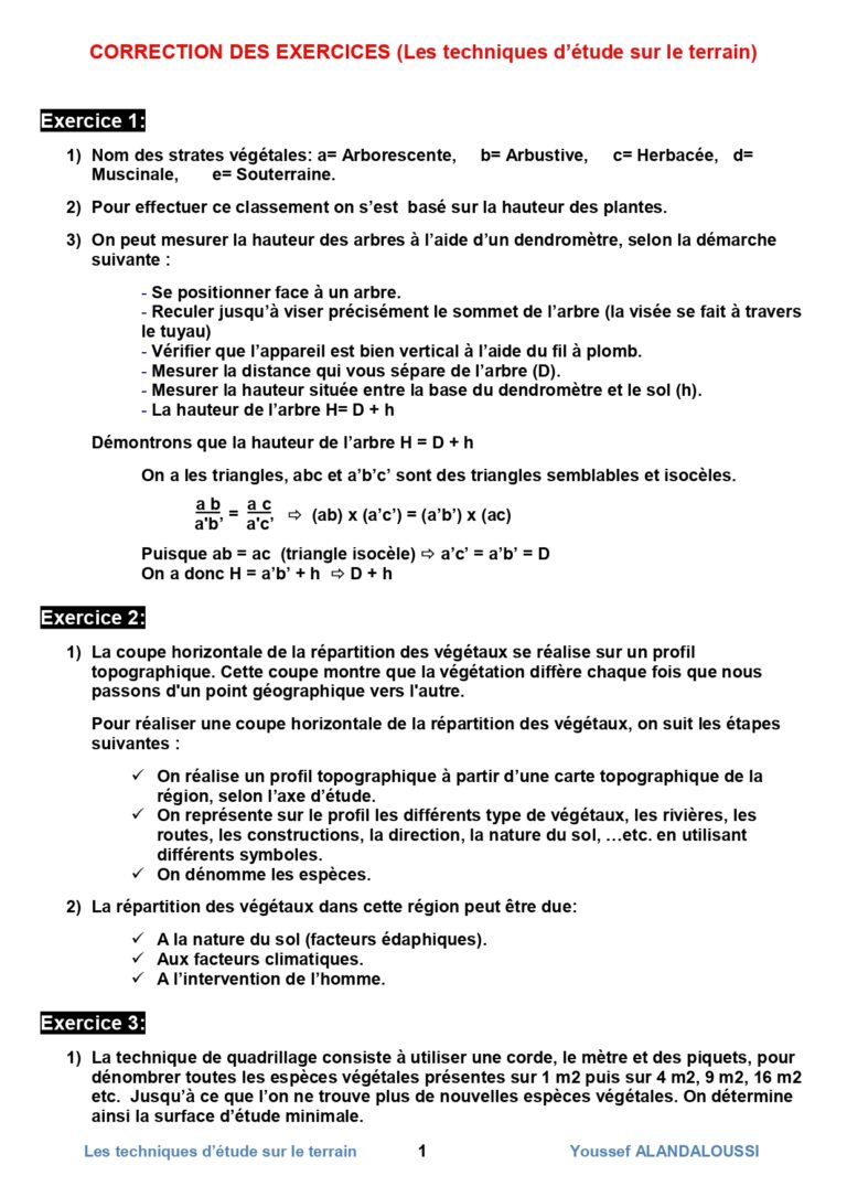 Sortie écologique SVT exercices corrigés Dyrassa