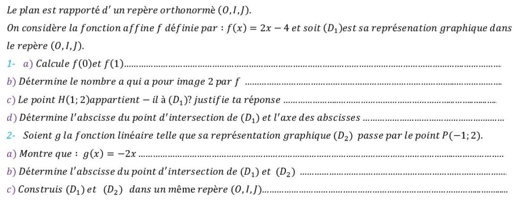 Fonction linéaire et fonction affine exercices corrigés pour 3AC - Dyrassa