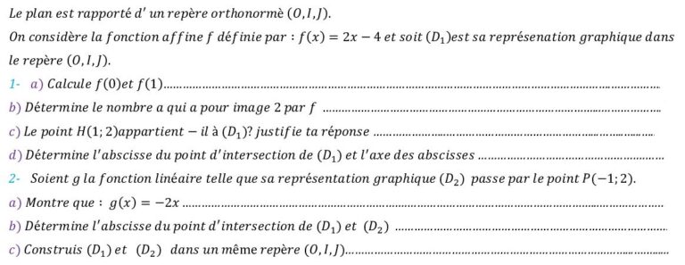 Fonction linéaire et fonction affine exercices corrigés pour 3AC - Dyrassa