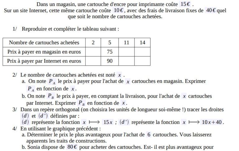 Fonction linéaire et fonction affine exercices corrigés pour 3AC - Dyrassa