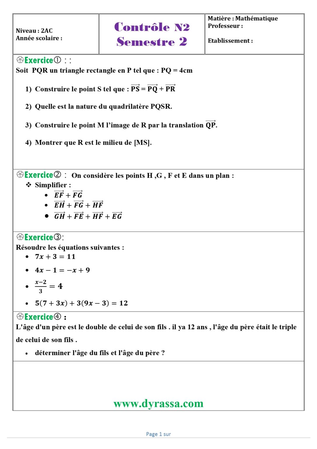 Devoirs Corrigés Maths N°2 S2 2AC - Dyrassa