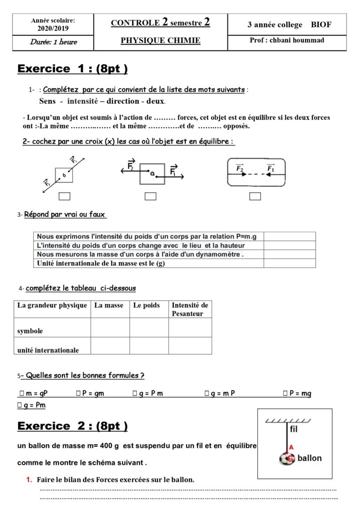 Devoirs Corrigés Physique N°2 S2 3AC - Dyrassa