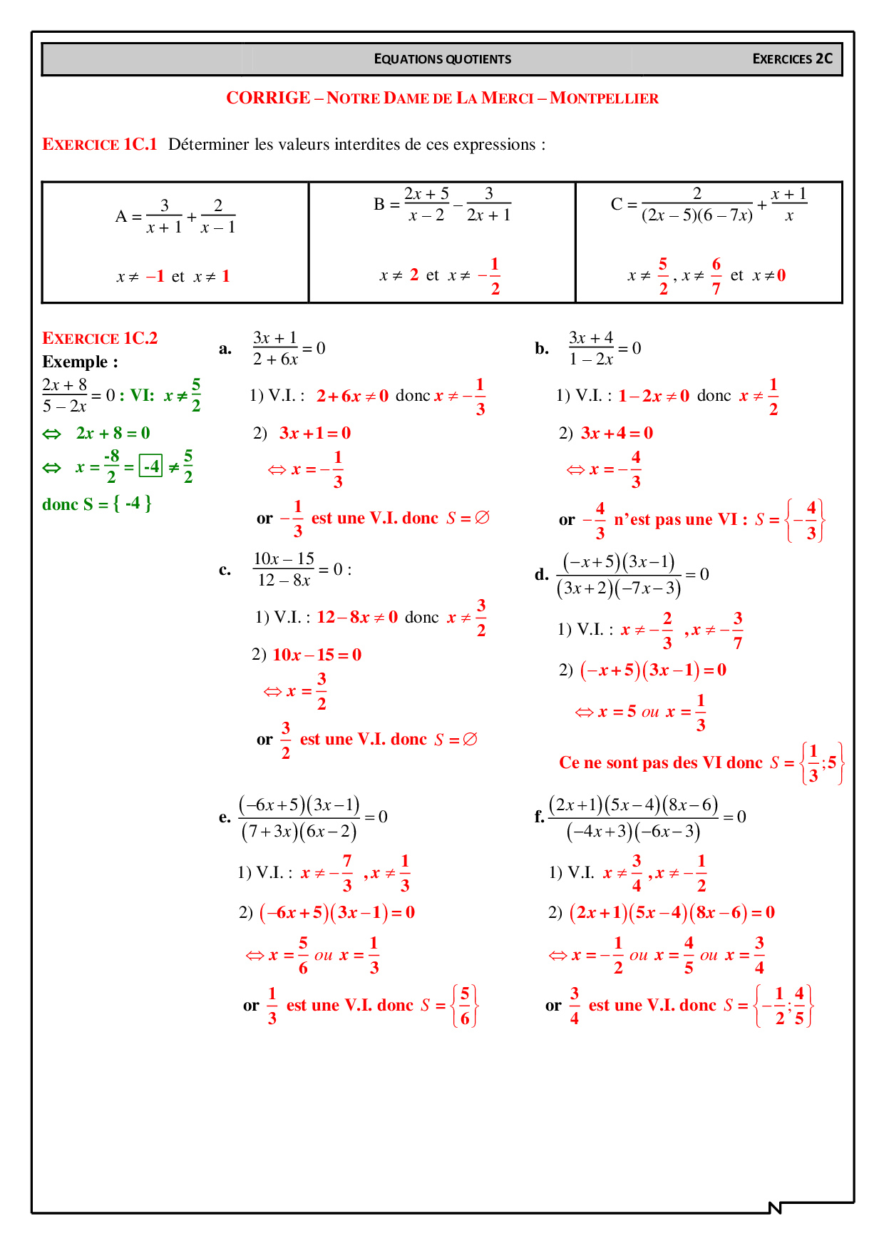 Les Équations exercices corrigés pour 1AC biof - Dyrassa