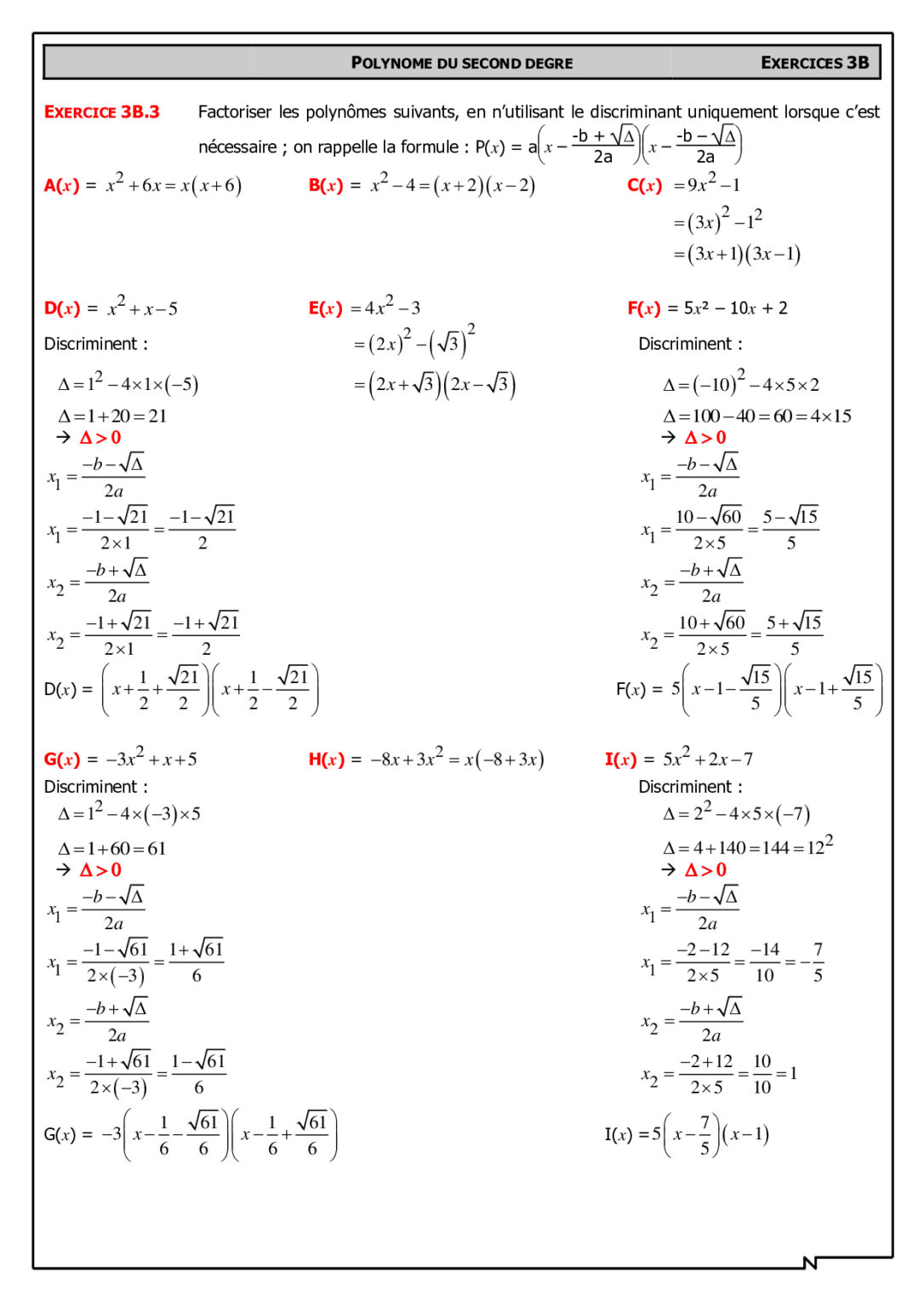 Le second degré Maths 1ère ES exercices corrigés — free download