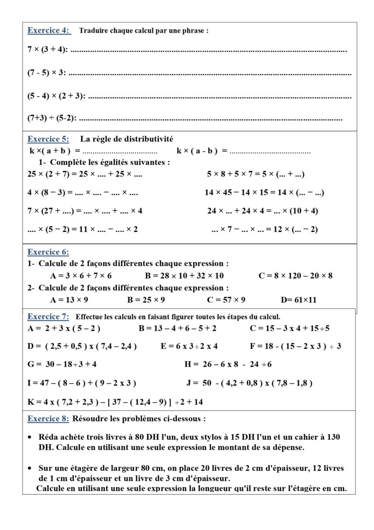 Opérations Sur Les Nombres Décimaux Exercices Pdf 5ème