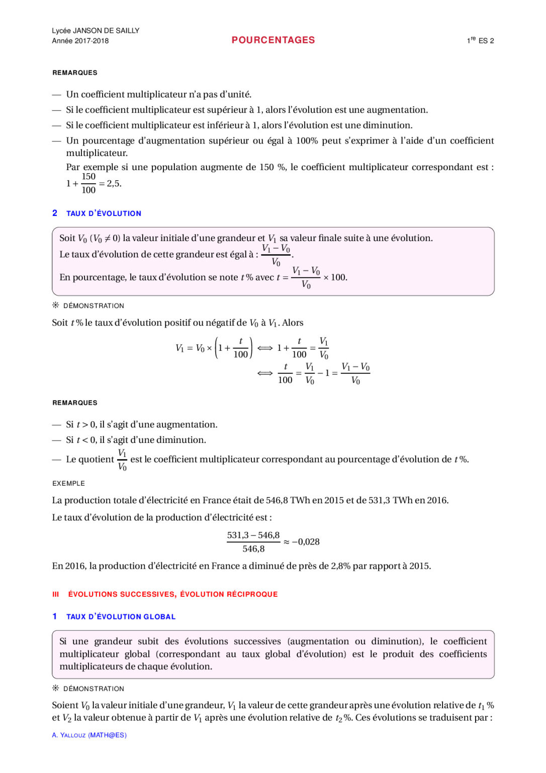 Pourcentages Maths 1ère ES exercices corrigés - Dyrassa