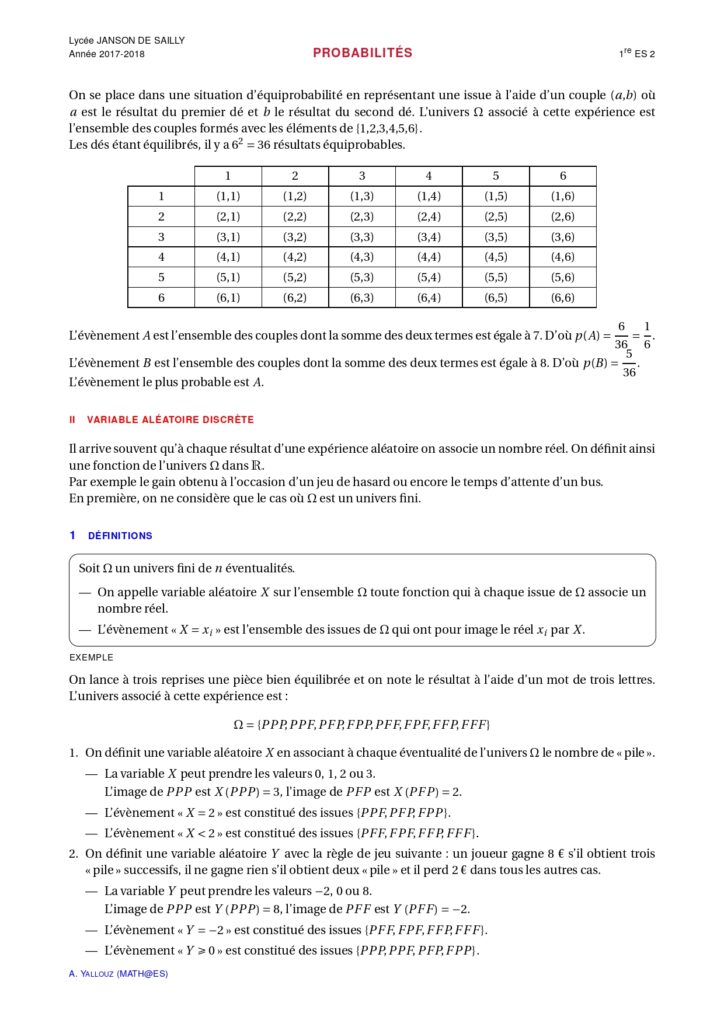 Probabilités Maths 1ère ES Exercices Corrigés - Dyrassa