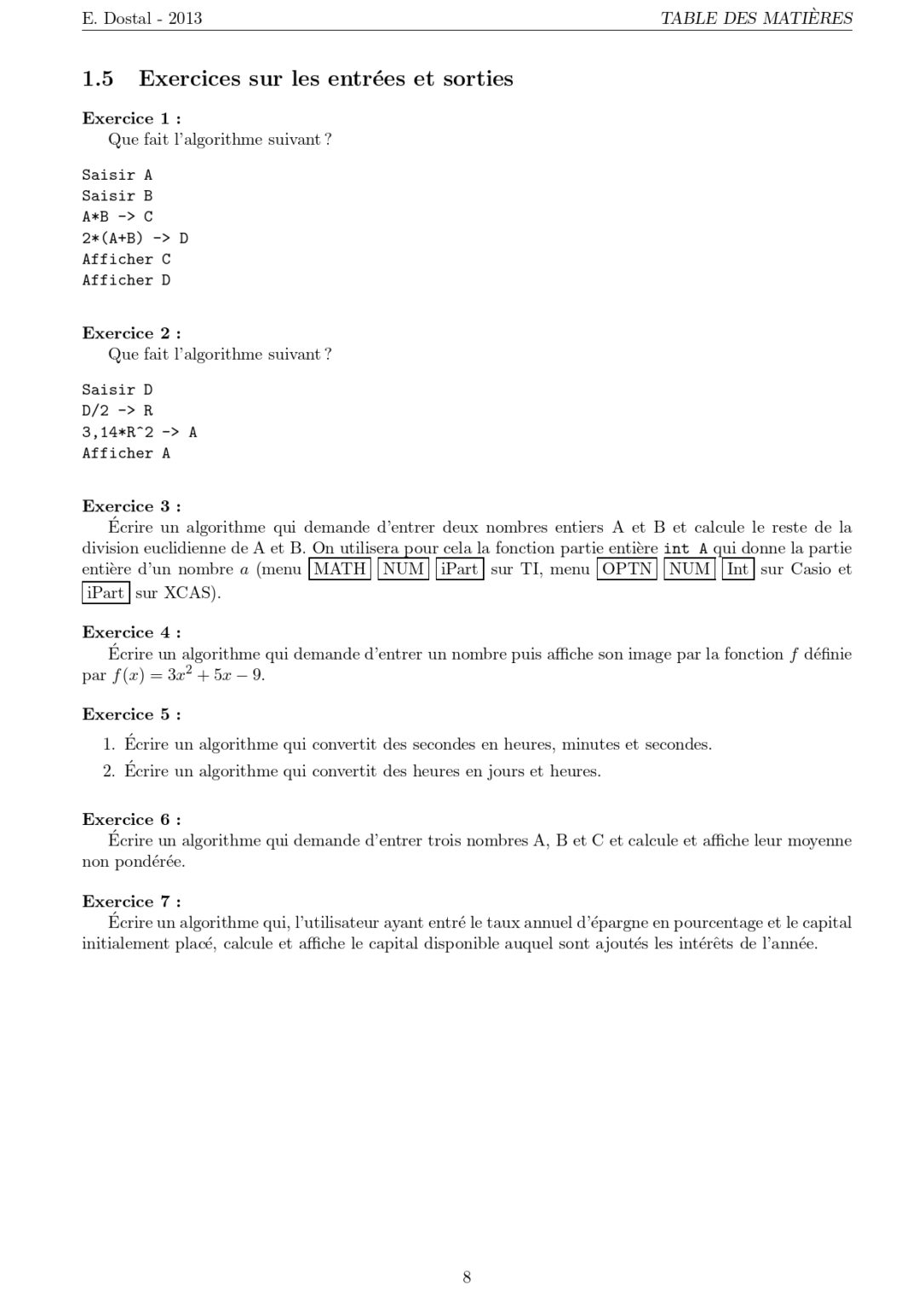 Algorithmique et programmation Maths 1ère ES exercices corrigés