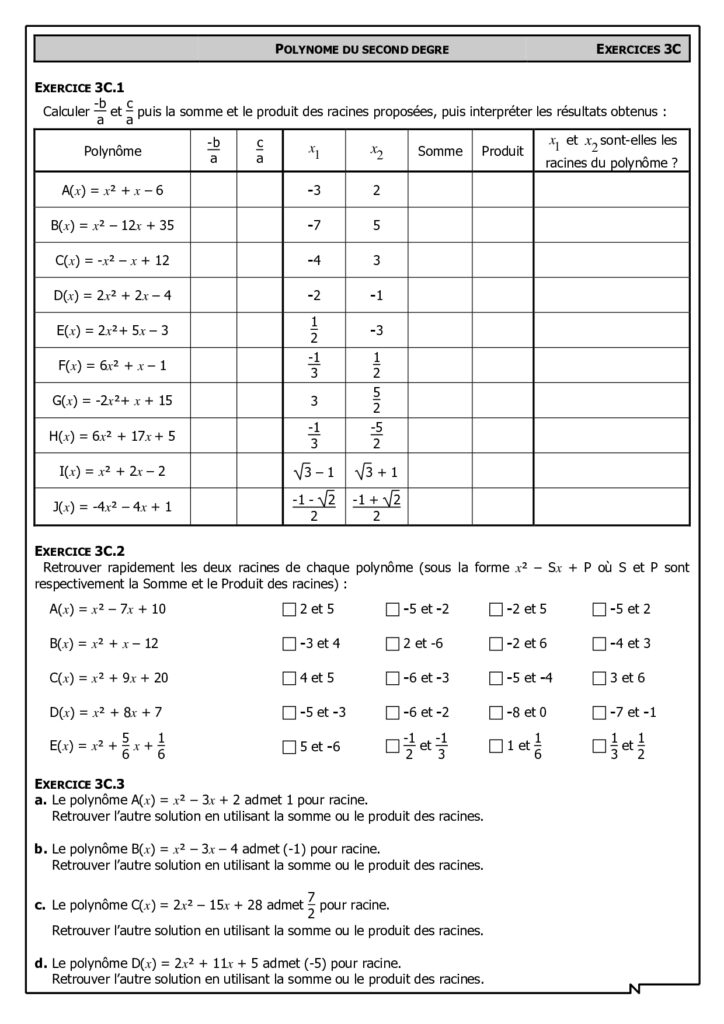 Le Second Degré Maths 1ère ES Exercices Corrigés - Dyrassa