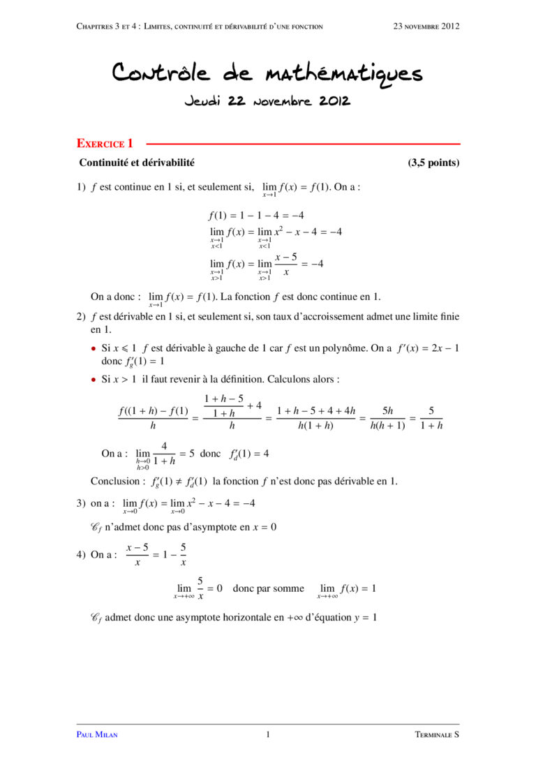 Continuité Et Dérivabilité D'une Fonction Maths Terminale S Exercices ...