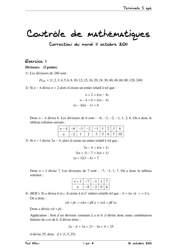 Multiples - Division Euclidienne - Congruence Maths 1ère S Exercices ...