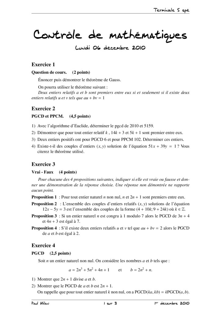 PGCD Et PPCM - Théorème De Bézout Et Théorème De Gauss Maths 1ère S ...