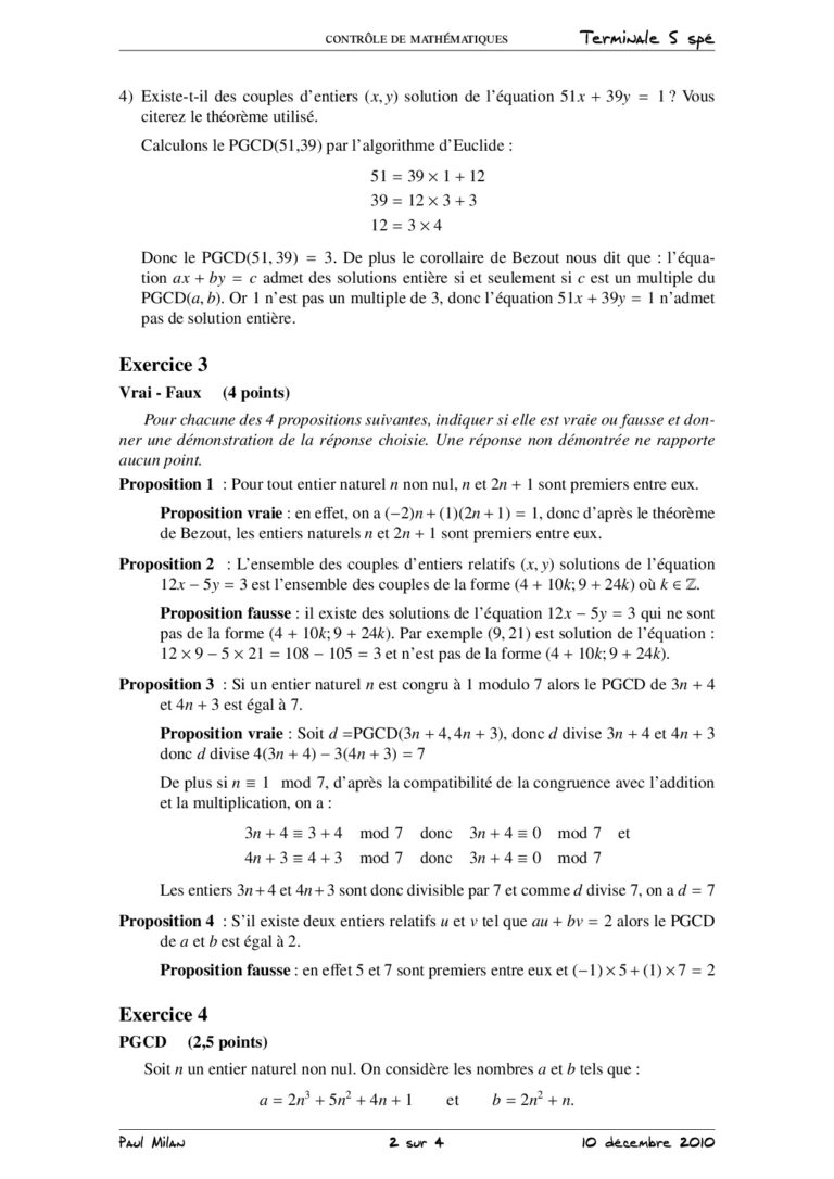 PGCD Et PPCM - Théorème De Bézout Et Théorème De Gauss Maths 1ère S ...