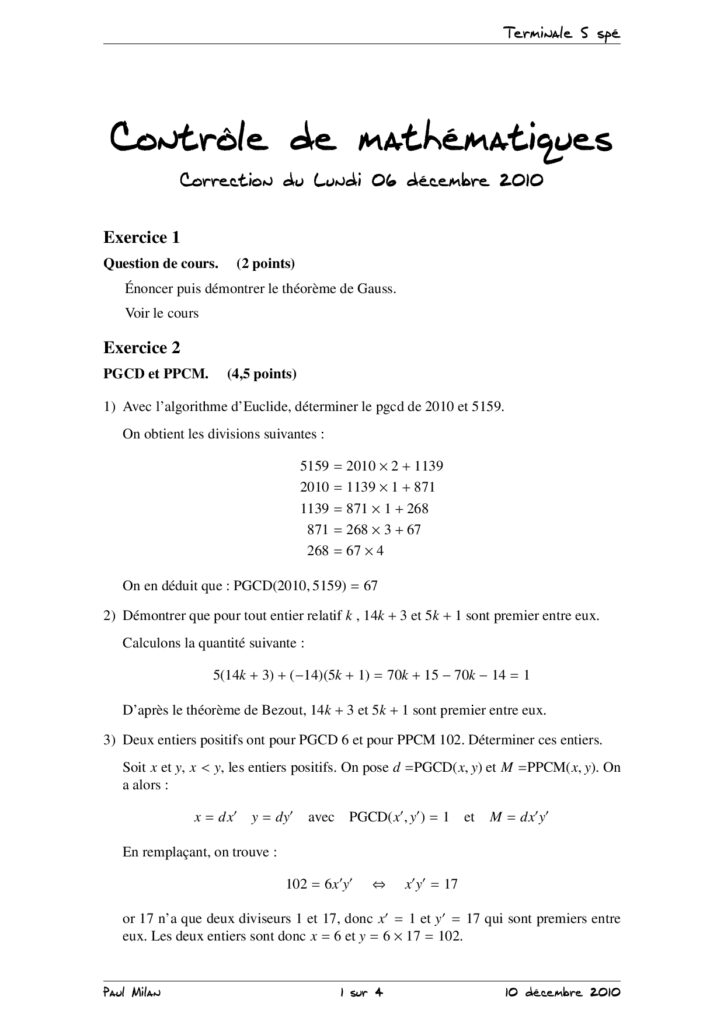 PGCD Et PPCM - Théorème De Bézout Et Théorème De Gauss Maths 1ère S ...