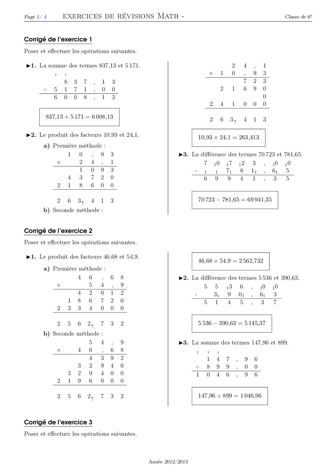 Op Rations Sur Les Nombres D Cimaux Me Exercices Corrig S Dyrassa