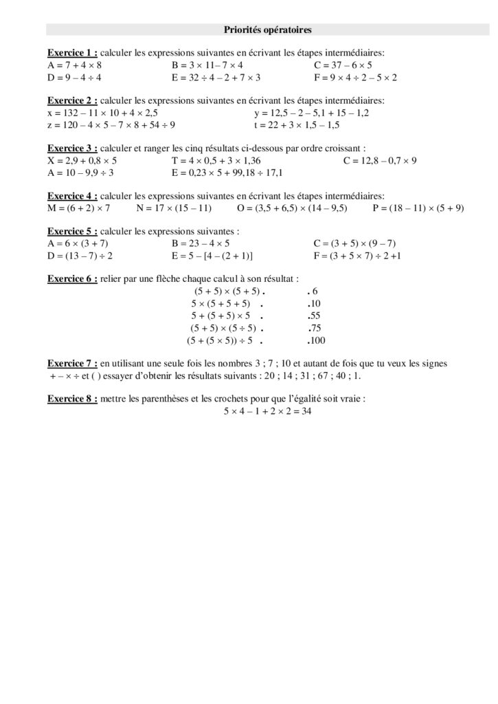 Exercice Enchainement D Opération 5ème Avec Correction