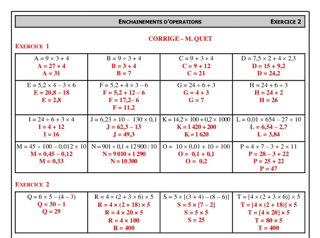 Enchaînements d'opérations 5ème exercices corrigés