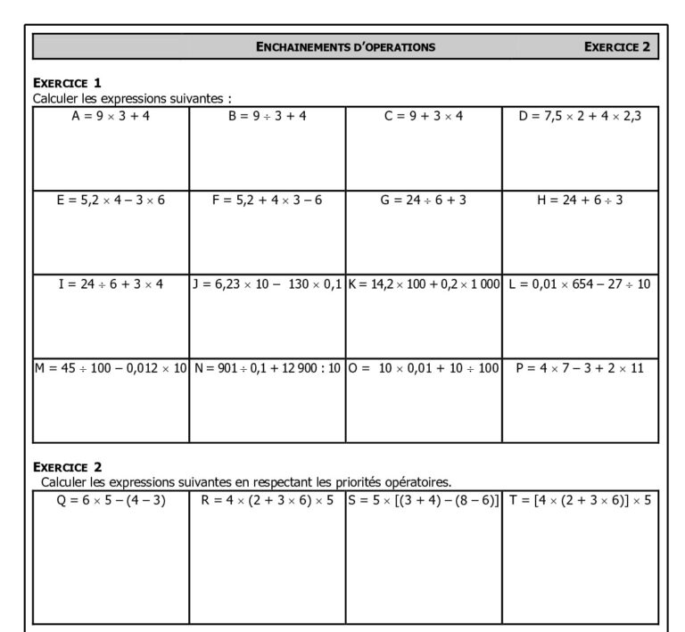 Exercice Enchainement D Opération 5ème Avec Correction