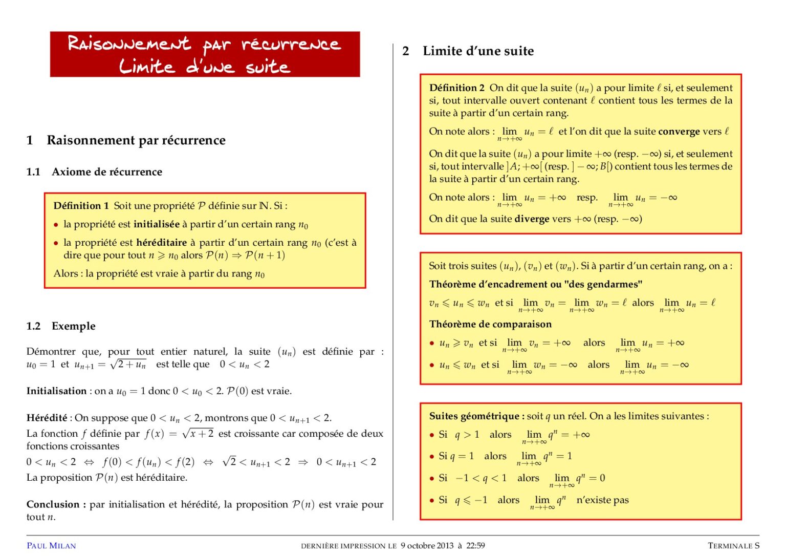 Raisonnement Par Récurrence - Limites De Suites Maths Terminale S ...