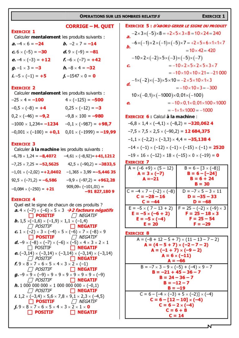 Opérations Sur Les Nombres Relatifs 4ème Exercices Corrigés - Dyrassa