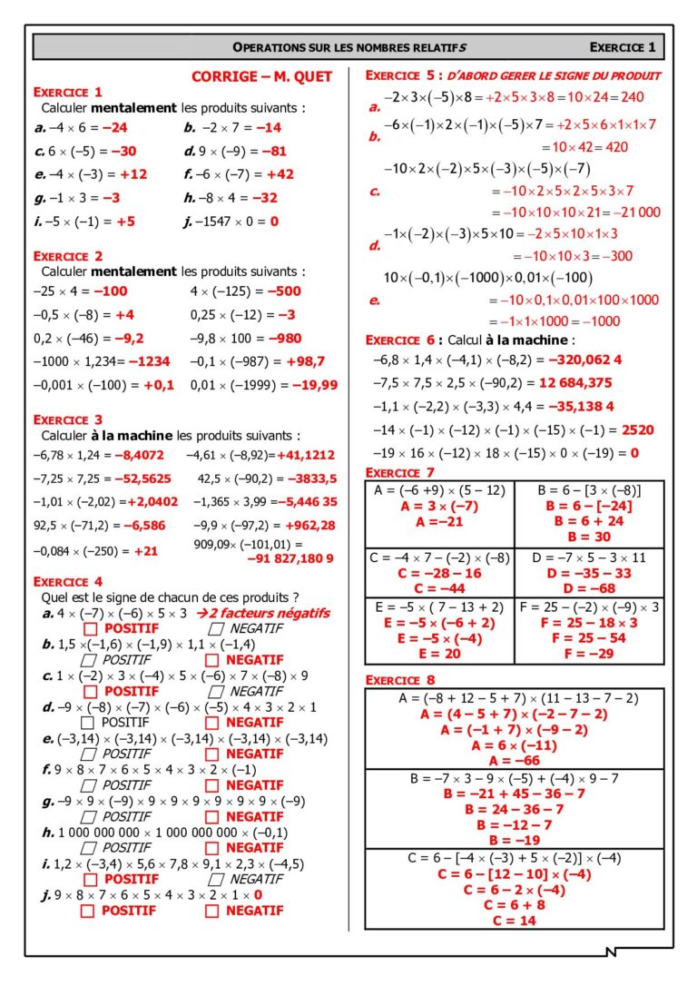 Exemple Calcul Nombre Relatif Calcul Nombre Relatif 4 me OGEW