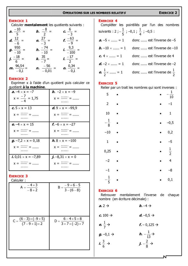 Nombres Relatifs Exercices