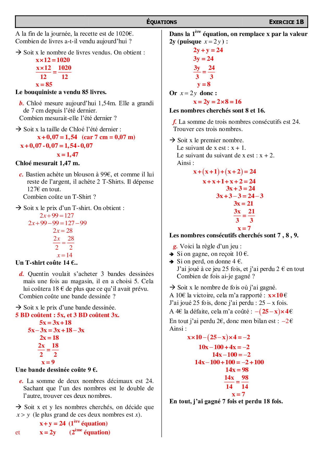 Résoudre un problème avec une équation: leçon et exercices 4ème