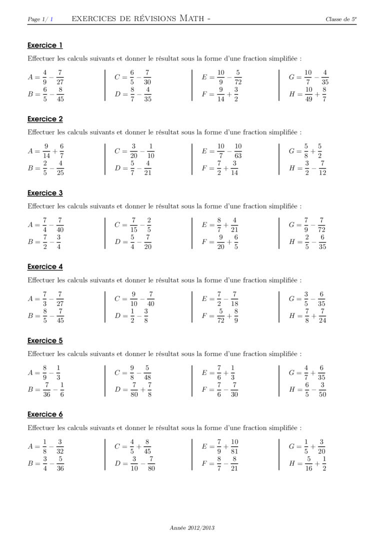 Ecritures fractionnaires 5ème exercices