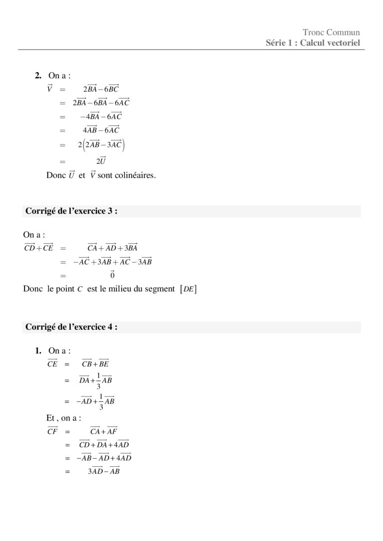 Calcul Vectoriel Dans Le Plan Exercices Corrigés Tronc Commun