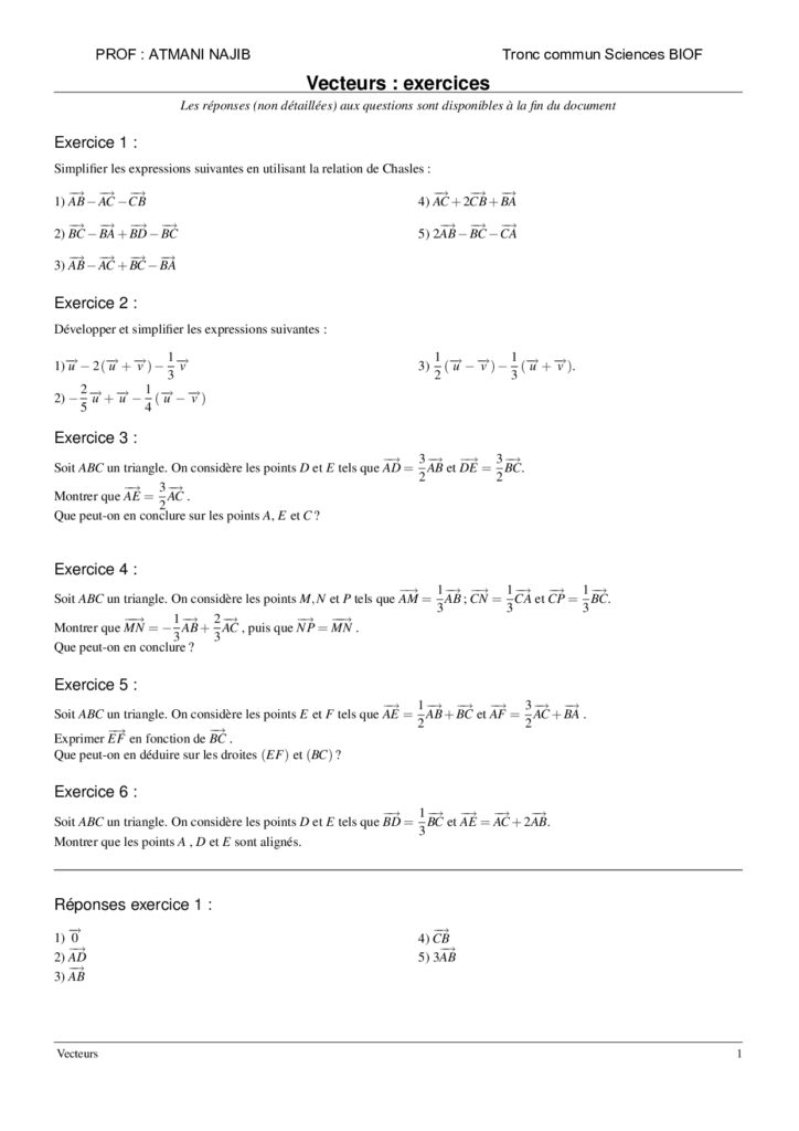 Calcul Vectoriel Dans Le Plan Exercices Corrigés Tronc Commun