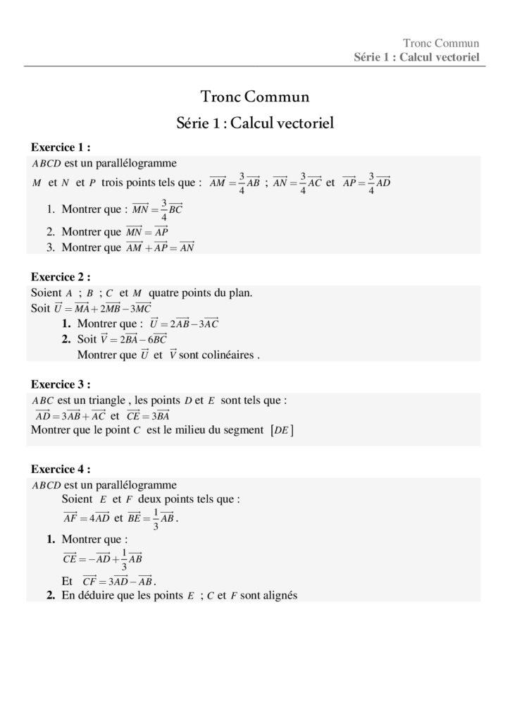 Calcul Vectoriel Dans Le Plan Exercices Corrigés Tronc Commun