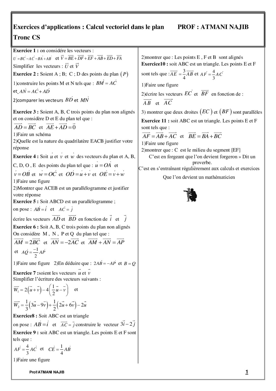 Calcul Vectoriel Dans Le Plan Exercices Corrig S Tronc Commun