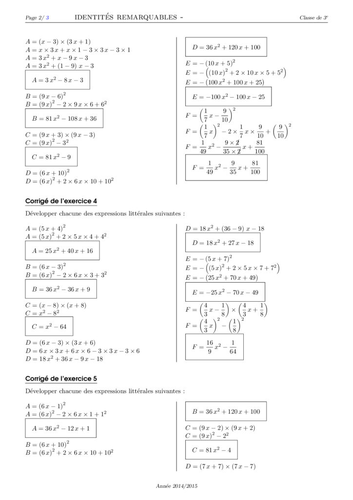 Calcul Litteral 3eme Et Identités Remarquables Exercices Corrigés - Dyrassa