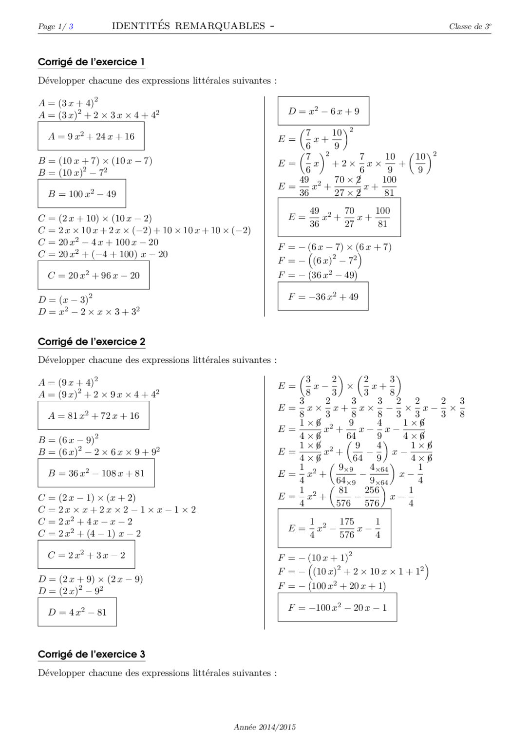 Calcul Litteral 3eme Et Identités Remarquables Exercices Corrigés - Dyrassa