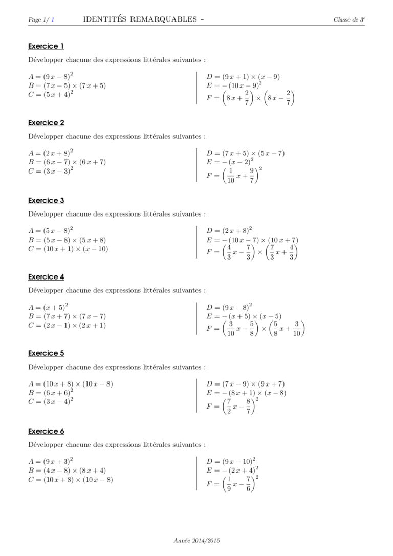 Calcul Litteral 3eme Et Identités Remarquables Exercices Corrigés - Dyrassa