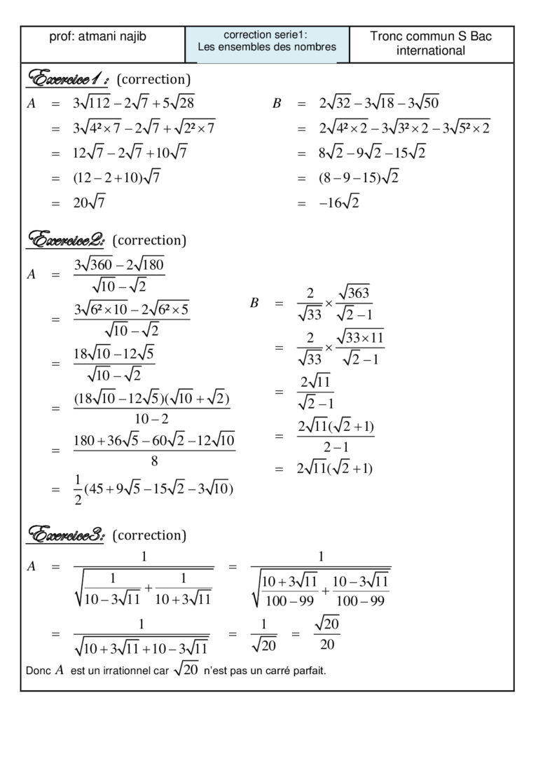 Les Ensembles De Nombres Exercices Corrigés Tronc Commun