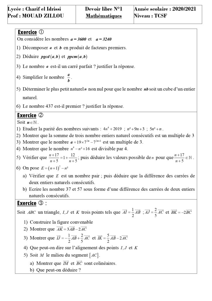 Devoirs Corrigés Maths N°1 S1 Tronc Commun - Dyrassa