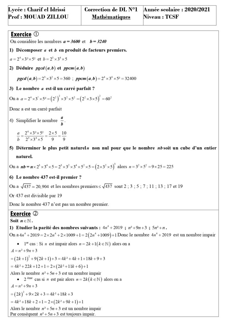 Devoirs Corrigés Maths N°1 S1 Tronc Commun - Dyrassa