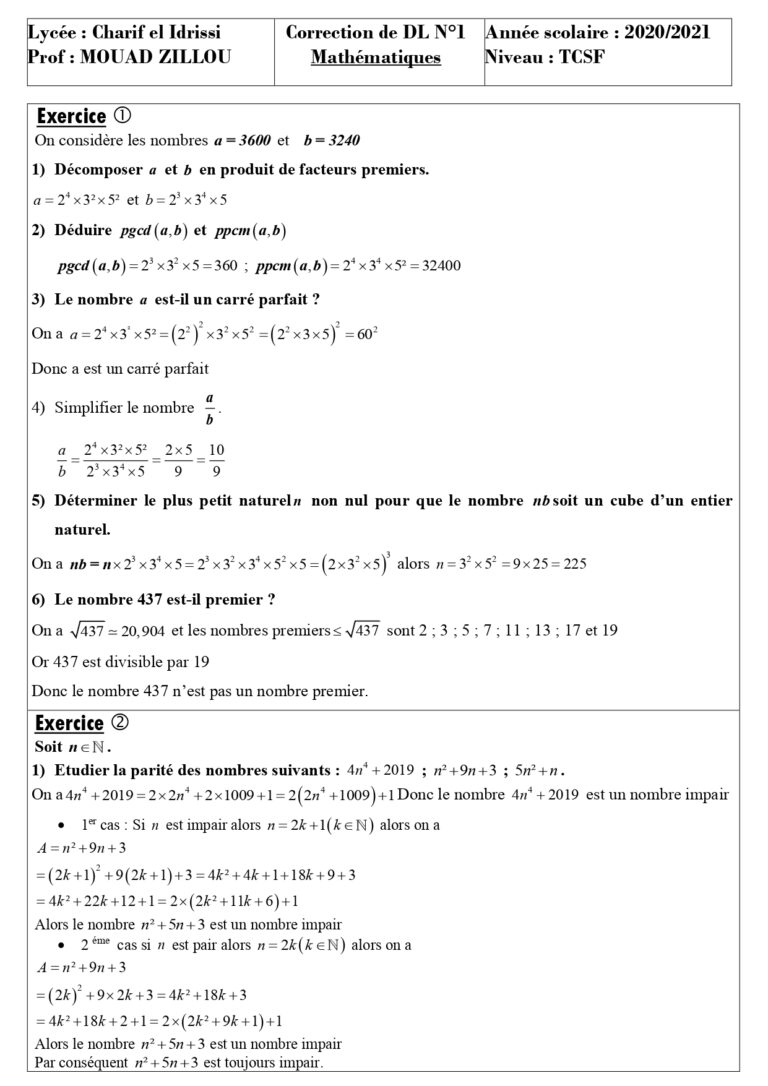 Devoirs Corrigés Maths N°1 S1 Tronc Commun - Dyrassa