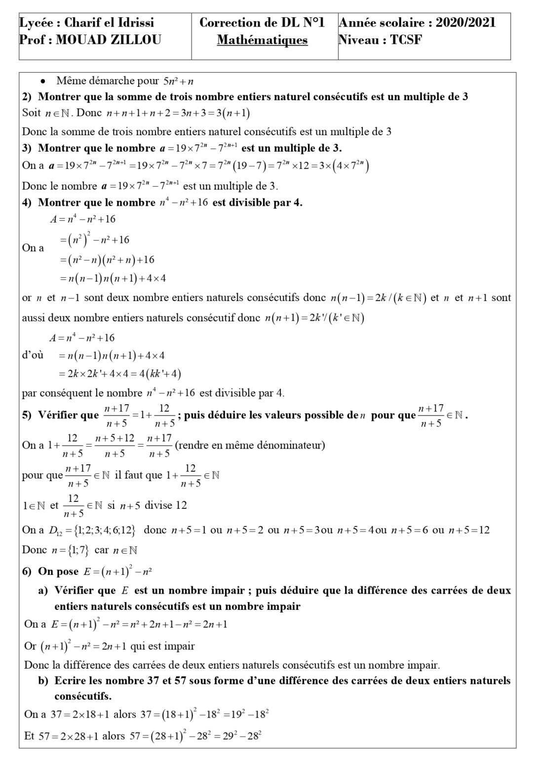 Devoirs Corrigés Maths N°1 S1 Tronc Commun - Dyrassa